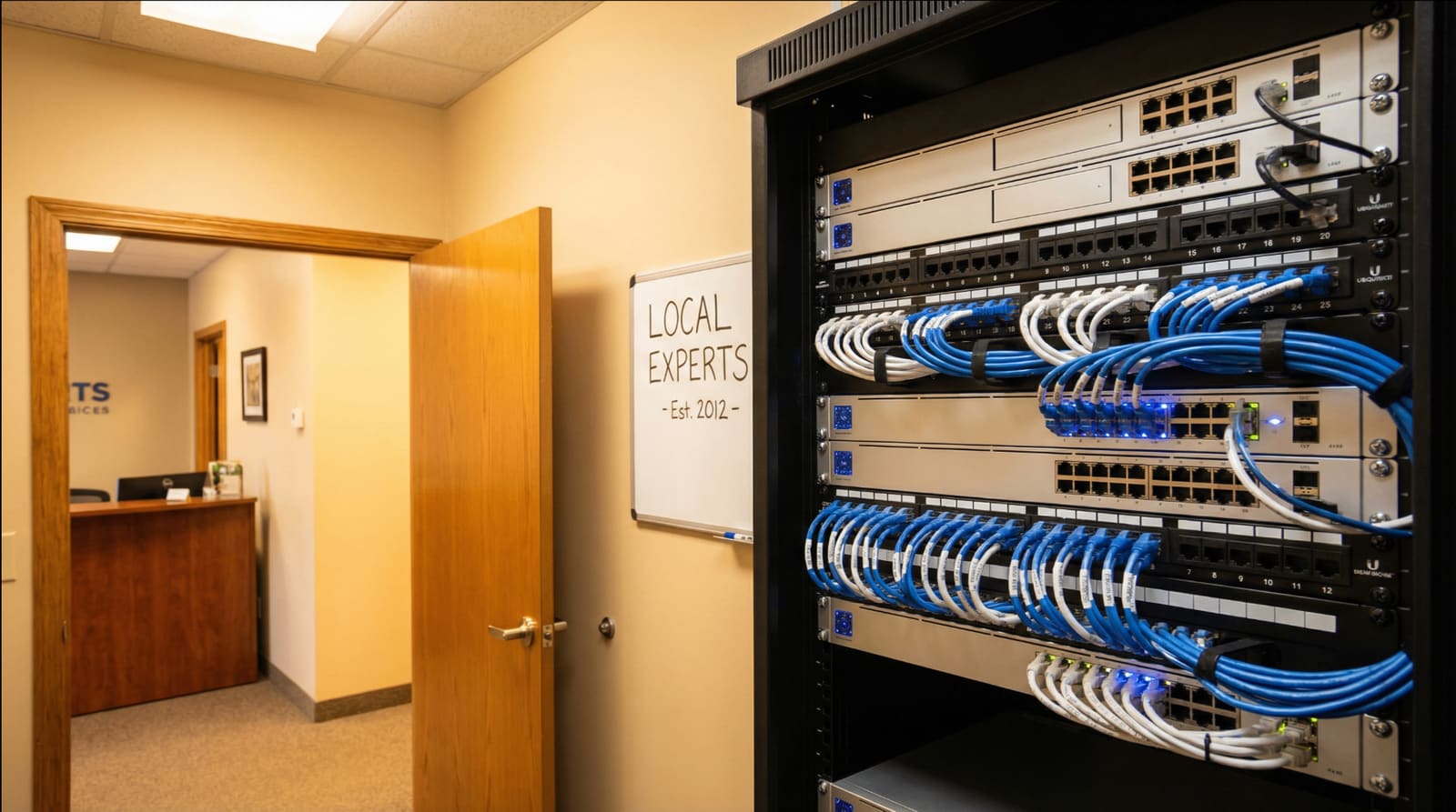 A Ubiquiti UniFi network rack with neatly dressed cabling in a New Albany, Mississippi office