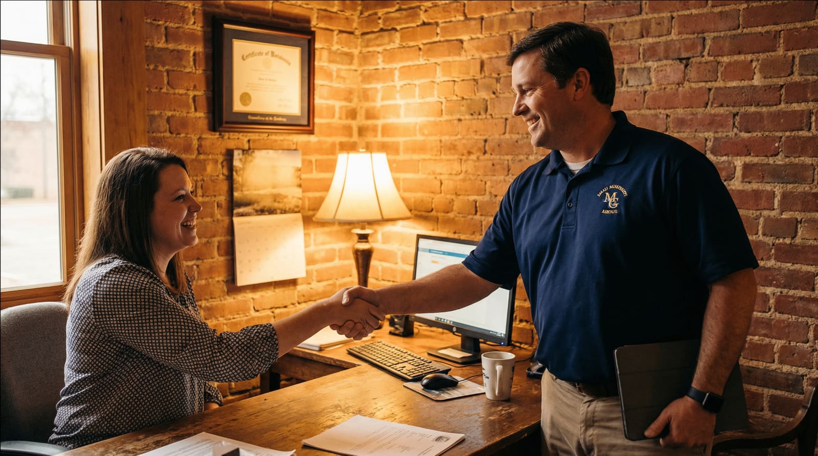 A Net-Tech technician shaking hands with a client in a New Albany office